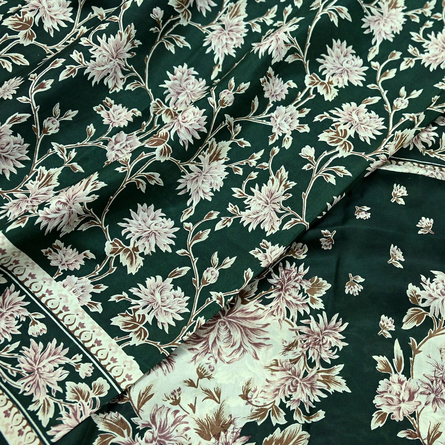 Indian Vintage Ivory & Green Saree Pure Silk Printed Sari 6yd Sewing Craft Fabric Dress Making Soft Crafting Quilting Quilting Upcycle