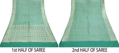 Vintage Sari Green Heavy Pure Satin Silk Woven Banarasi Brocade Saree Zari 5Yd Dress making Bridal/wedding Sari Crafting Dress making