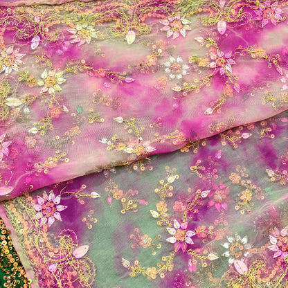 Indian Vintage Heavy Bridal Dupatta Pure Georgette Silk Long Stole Hand Embroidered Scarf Zardozi/Dabka Wedding Hijab veil Boho