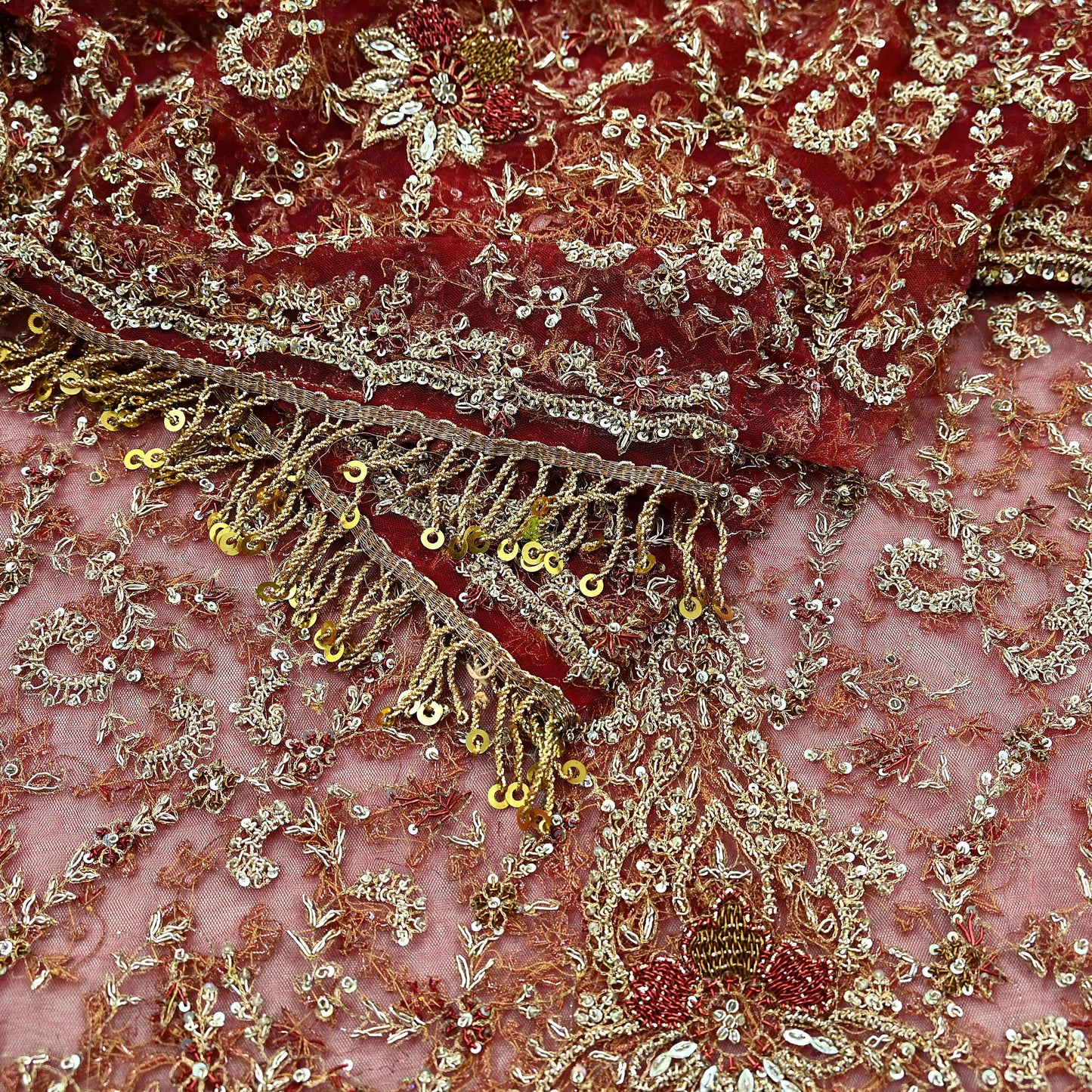 Indian Vintage Heavy Bridal Maroon Dupatta Net Mesh Long Stole Hand Embroidered Scarves Zardozi Dabka Zari Wedding dupatta veil hijab