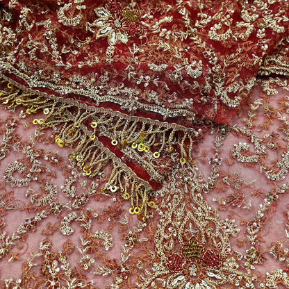 Indian Vintage Heavy Bridal Maroon Dupatta Net Mesh Long Stole Hand Embroidered Scarves Zardozi Dabka Zari Wedding dupatta veil hijab