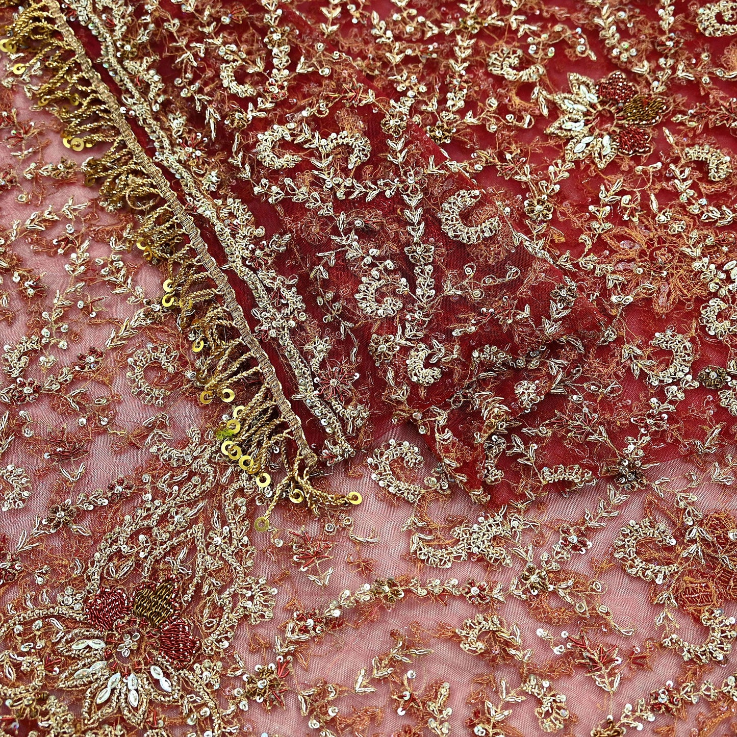 Indian Vintage Heavy Bridal Maroon Dupatta Net Mesh Long Stole Hand Embroidered Scarves Zardozi Dabka Zari Wedding dupatta veil hijab