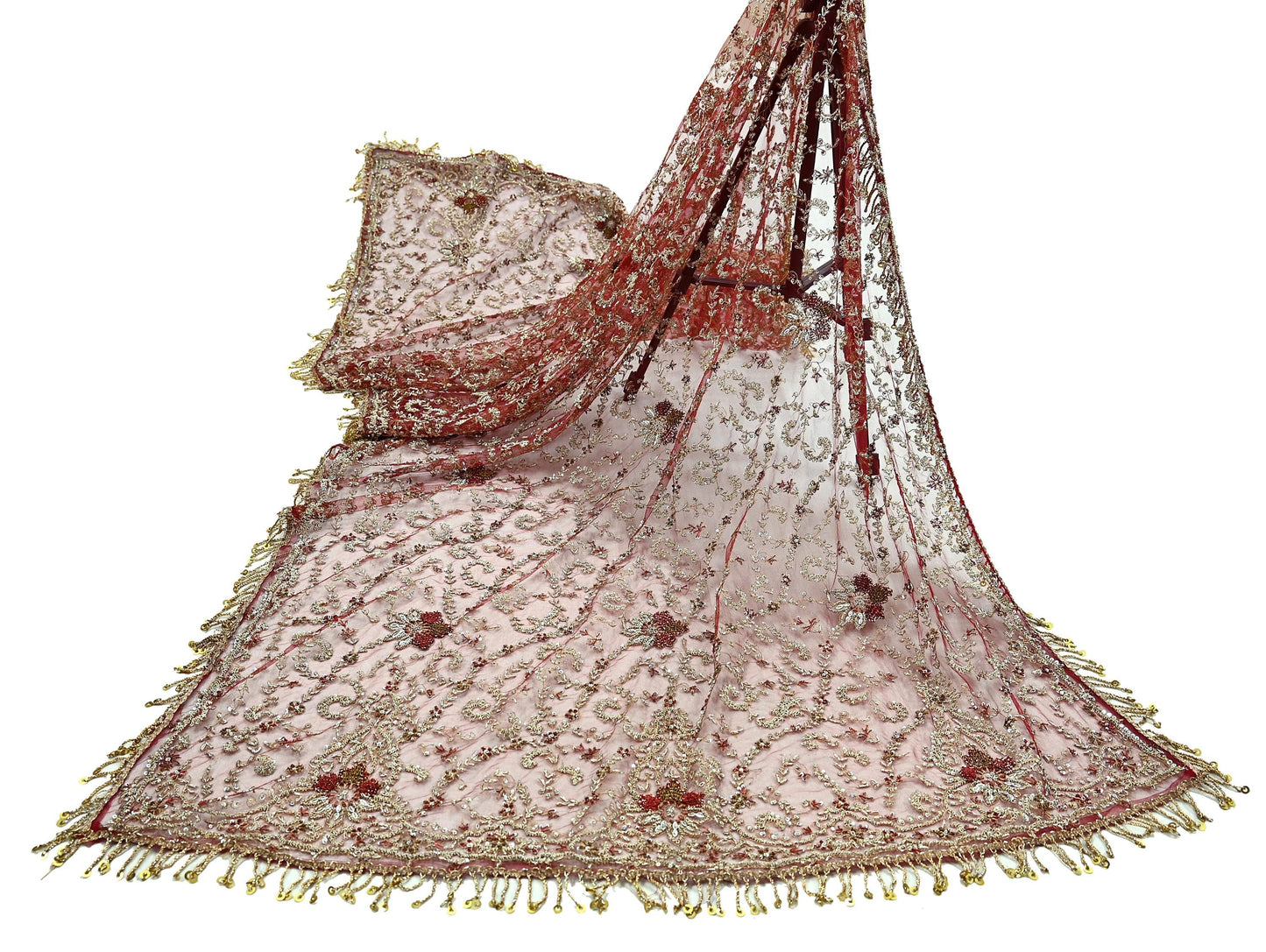 Indian Vintage Heavy Bridal Maroon Dupatta Net Mesh Long Stole Hand Embroidered Scarves Zardozi Dabka Zari Wedding dupatta veil hijab