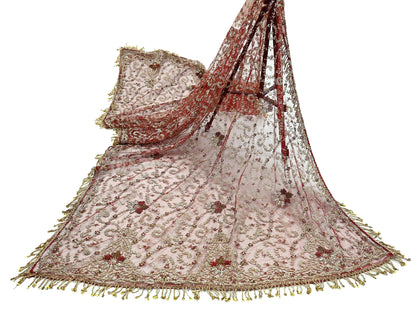 Indian Vintage Heavy Bridal Maroon Dupatta Net Mesh Long Stole Hand Embroidered Scarves Zardozi Dabka Zari Wedding dupatta veil hijab
