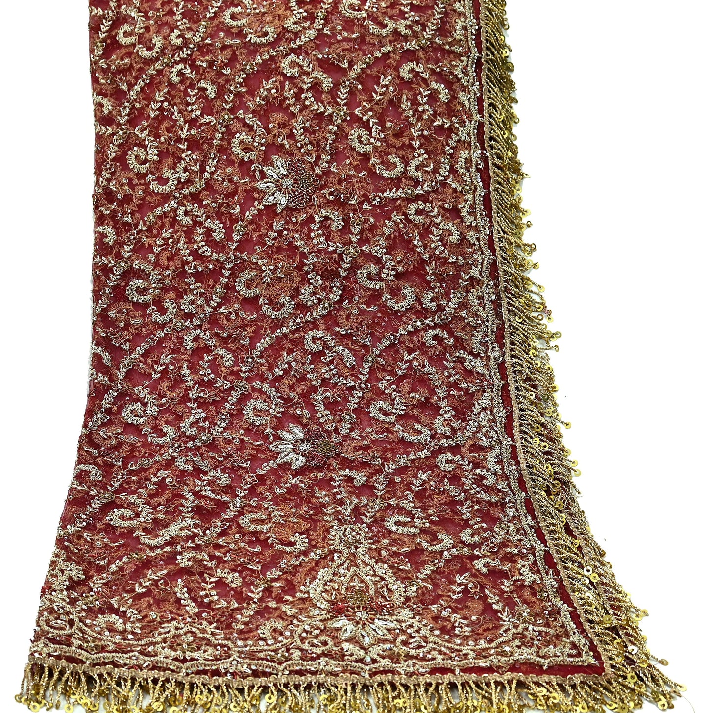 Indian Vintage Heavy Bridal Maroon Dupatta Net Mesh Long Stole Hand Embroidered Scarves Zardozi Dabka Zari Wedding dupatta veil hijab