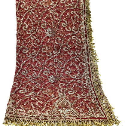 Indian Vintage Heavy Bridal Maroon Dupatta Net Mesh Long Stole Hand Embroidered Scarves Zardozi Dabka Zari Wedding dupatta veil hijab