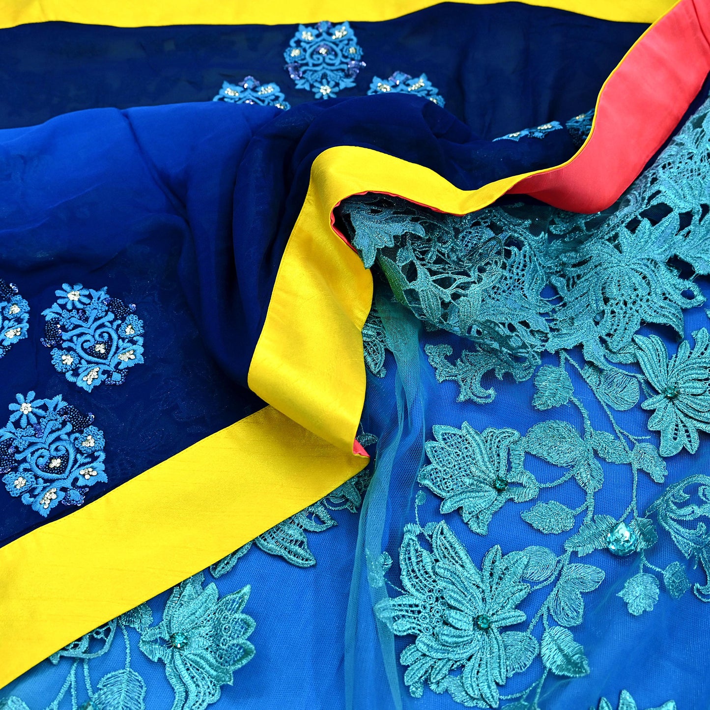 Indian Vintage Sari Blue Pure Georgette Silk/Net Hand Beaded Sarees Fabric 6Yd Sewing Ethnic Dress making Quilting Bollywood