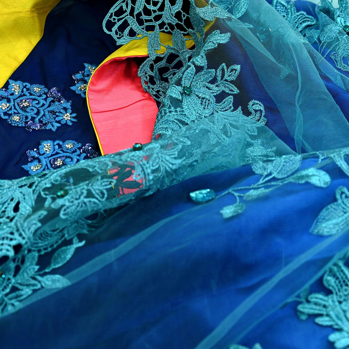 Indian Vintage Sari Blue Pure Georgette Silk/Net Hand Beaded Sarees Fabric 6Yd Sewing Ethnic Dress making Quilting Bollywood