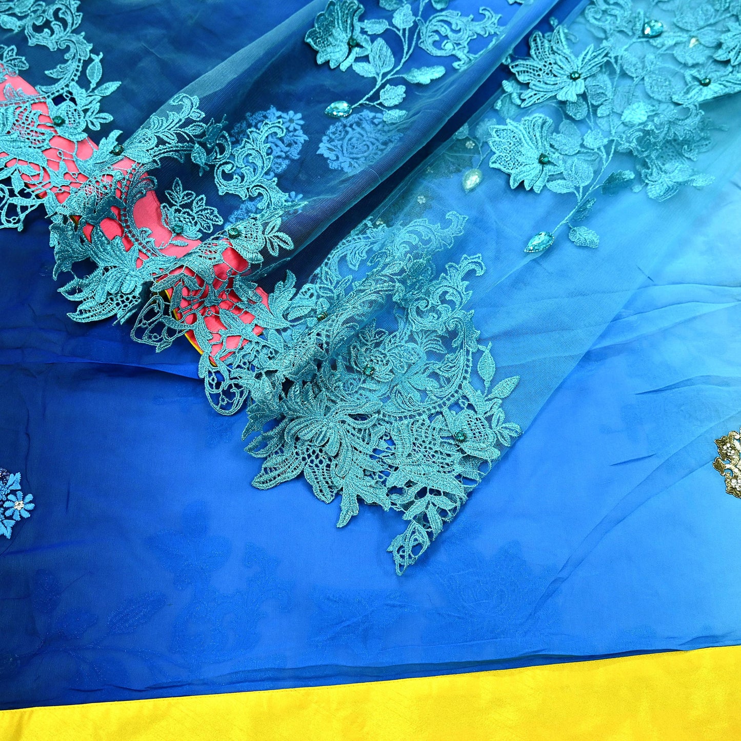 Indian Vintage Sari Blue Pure Georgette Silk/Net Hand Beaded Sarees Fabric 6Yd Sewing Ethnic Dress making Quilting Bollywood