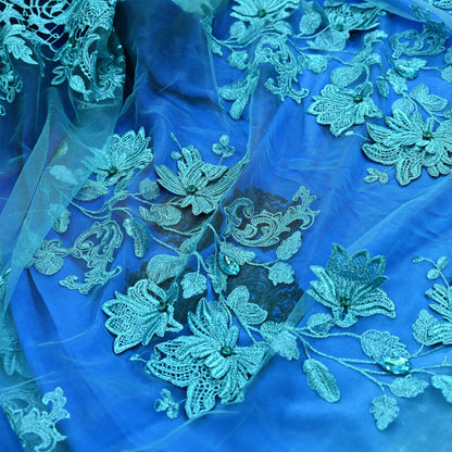 Indian Vintage Sari Blue Pure Georgette Silk/Net Hand Beaded Sarees Fabric 6Yd Sewing Ethnic Dress making Quilting Bollywood