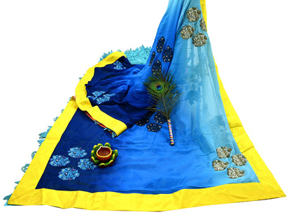 Indian Vintage Sari Blue Pure Georgette Silk/Net Hand Beaded Sarees Fabric 6Yd Sewing Ethnic Dress making Quilting Bollywood