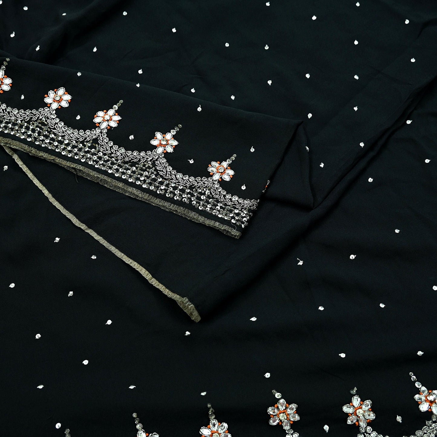 Indian Vintage Sari Black Pure Georgette Silk Hand Embroidered Sarees Craft Fabric 5Yd Sewing Soft Ethnic Zardozi/ Dabka Dress making