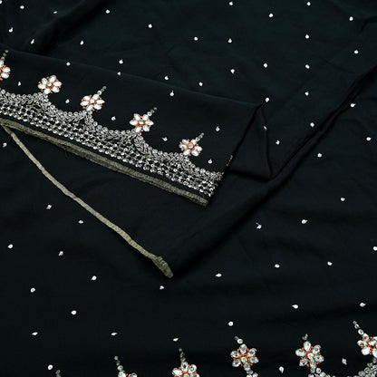 Indian Vintage Sari Black Pure Georgette Silk Hand Embroidered Sarees Craft Fabric 5Yd Sewing Soft Ethnic Zardozi/ Dabka Dress making