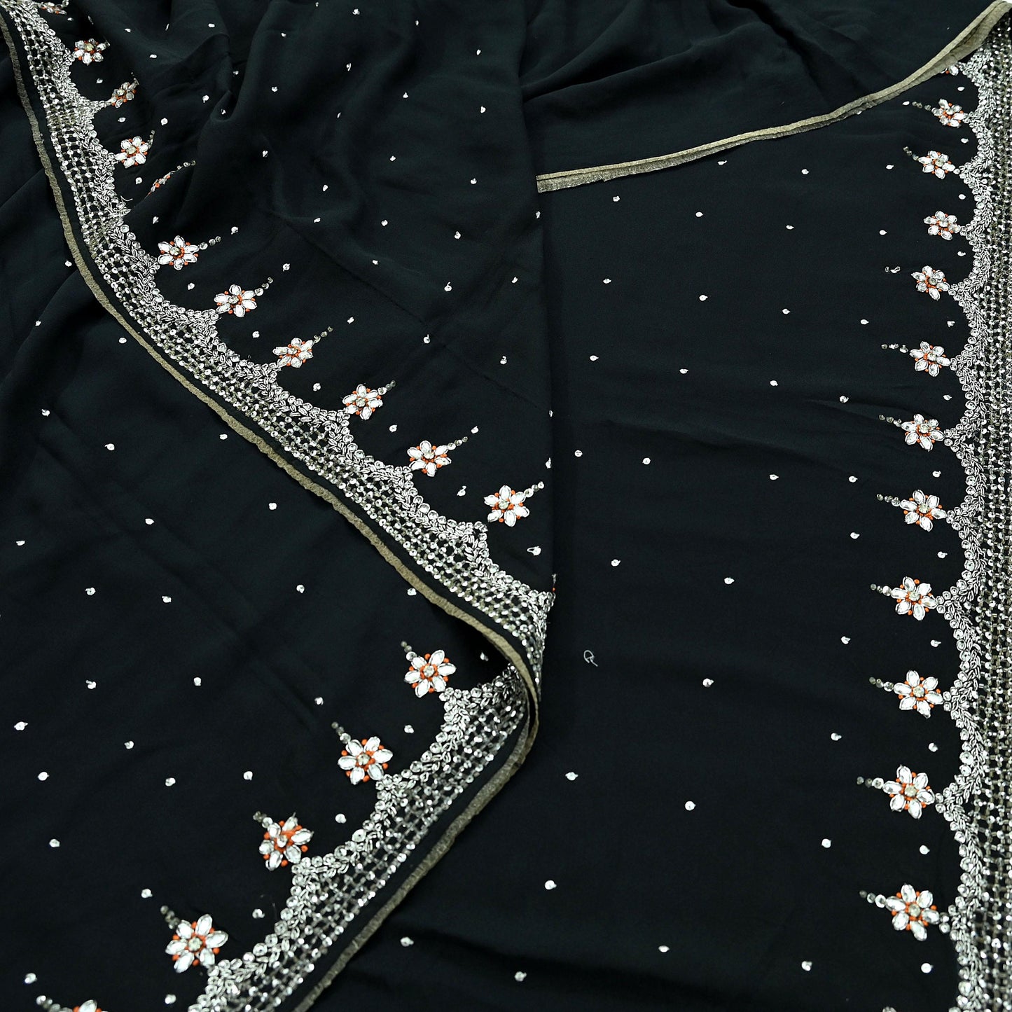 Indian Vintage Sari Black Pure Georgette Silk Hand Embroidered Sarees Craft Fabric 5Yd Sewing Soft Ethnic Zardozi/ Dabka Dress making