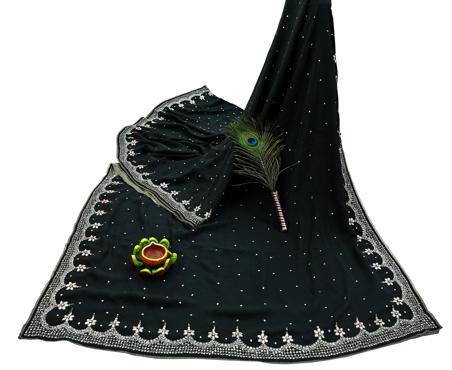 Indian Vintage Sari Black Pure Georgette Silk Hand Embroidered Sarees Craft Fabric 5Yd Sewing Soft Ethnic Zardozi/ Dabka Dress making