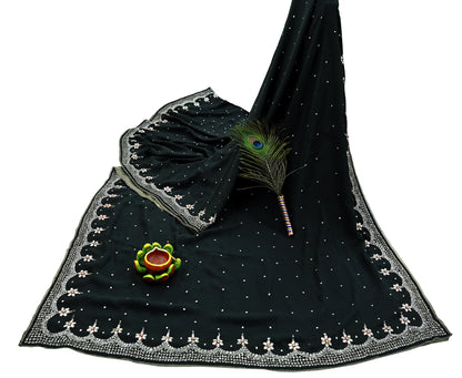 Indian Vintage Sari Black Pure Georgette Silk Hand Embroidered Sarees Craft Fabric 5Yd Sewing Soft Ethnic Zardozi/ Dabka Dress making