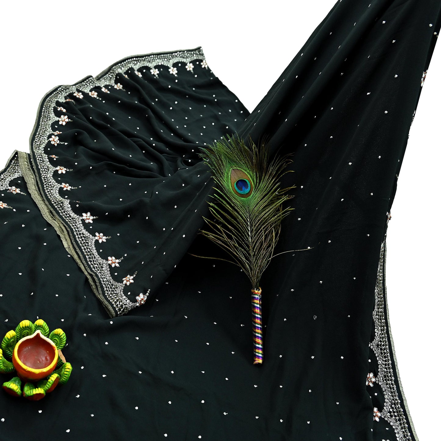 Indian Vintage Sari Black Pure Georgette Silk Hand Embroidered Sarees Craft Fabric 5Yd Sewing Soft Ethnic Zardozi/ Dabka Dress making