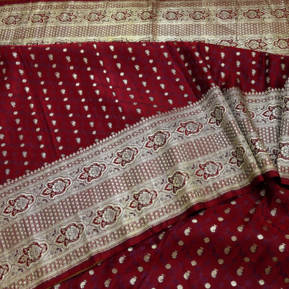 Vintage Banarasi Saree Pure Satin Silk Woven Brocade Zari Fabric Maroon Heavy Craft Sari 5 Yards Indian Antique Textile Dress Making