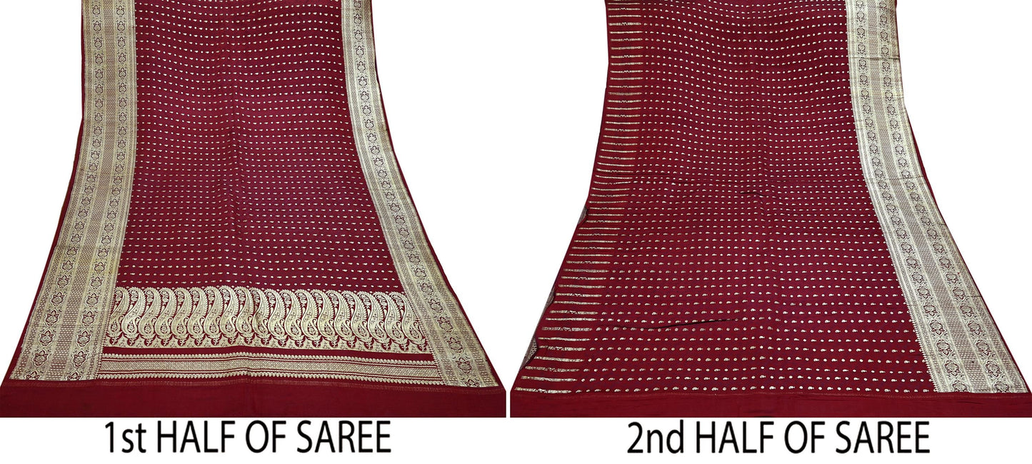 Vintage Banarasi Saree Pure Satin Silk Woven Brocade Zari Fabric Maroon Heavy Craft Sari 5 Yards Indian Antique Textile Dress Making