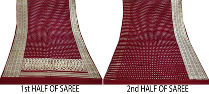 Vintage Banarasi Saree Pure Satin Silk Woven Brocade Zari Fabric Maroon Heavy Craft Sari 5 Yards Indian Antique Textile Dress Making
