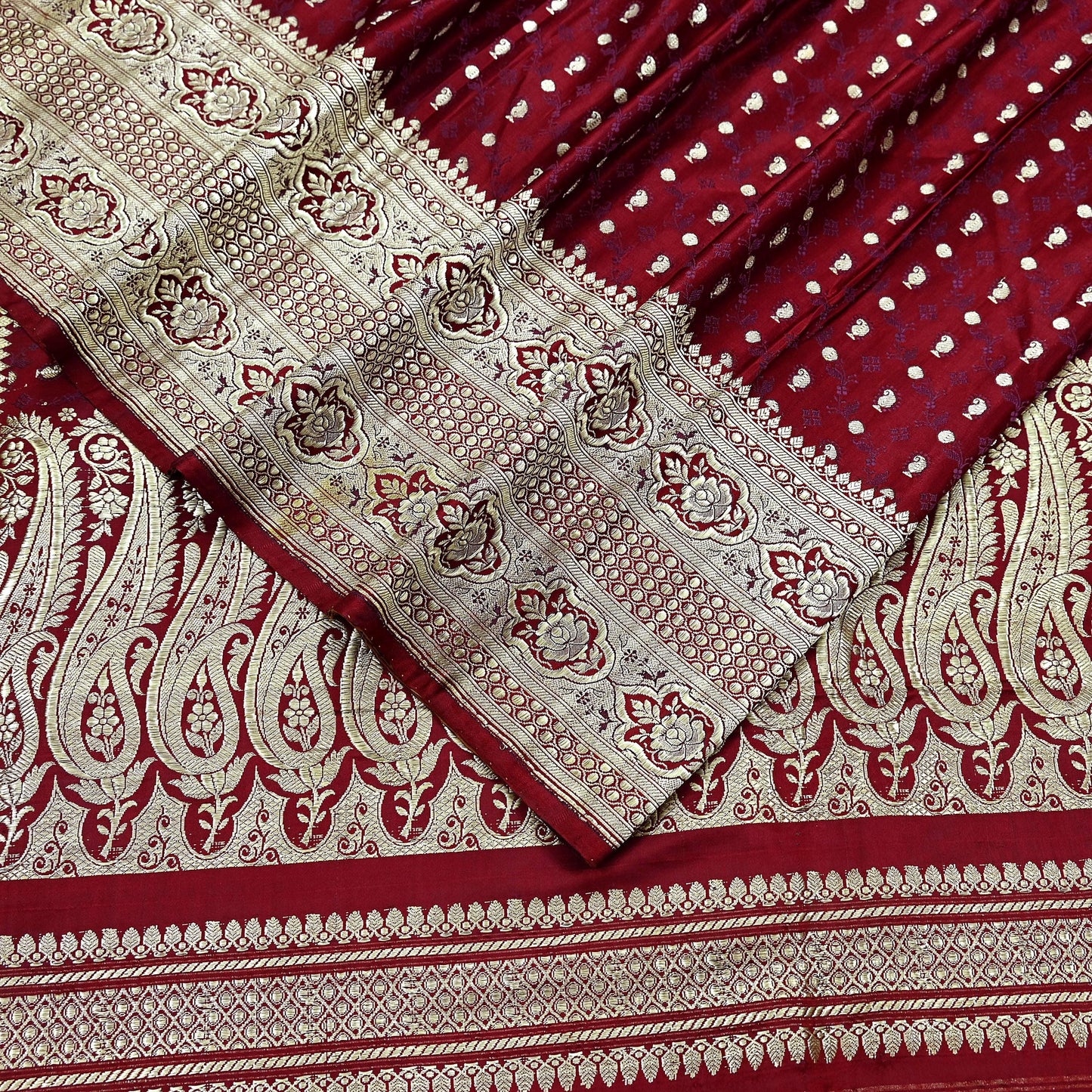 Vintage Banarasi Saree Pure Satin Silk Woven Brocade Zari Fabric Maroon Heavy Craft Sari 5 Yards Indian Antique Textile Dress Making