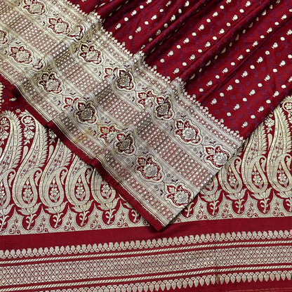Vintage Banarasi Saree Pure Satin Silk Woven Brocade Zari Fabric Maroon Heavy Craft Sari 5 Yards Indian Antique Textile Dress Making