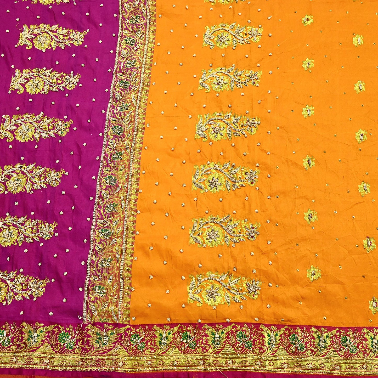 Indian Vintage Heavy Wedding Banarasi Sari 5 Yards Pure Satin Silk Hand-Embroidered Zari, Work Brocade Craft Fabric for Dressmaking