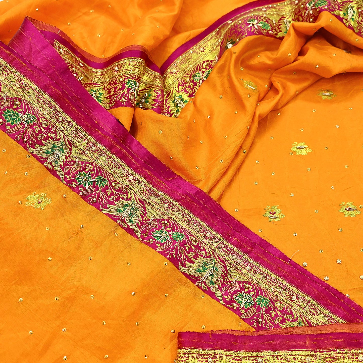 Indian Vintage Heavy Wedding Banarasi Sari 5 Yards Pure Satin Silk Hand-Embroidered Zari, Work Brocade Craft Fabric for Dressmaking