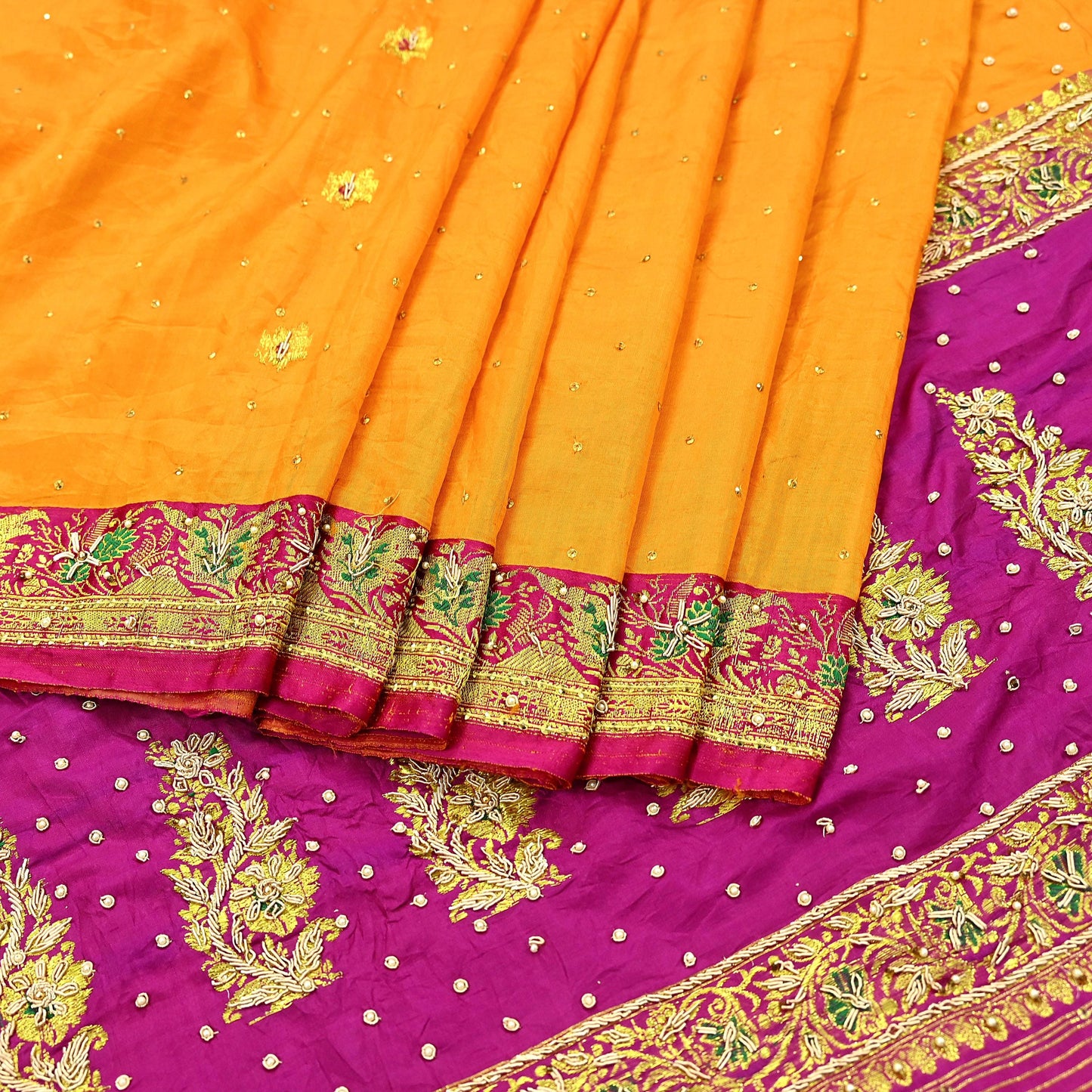 Indian Vintage Heavy Wedding Banarasi Sari 5 Yards Pure Satin Silk Hand-Embroidered Zari, Work Brocade Craft Fabric for Dressmaking