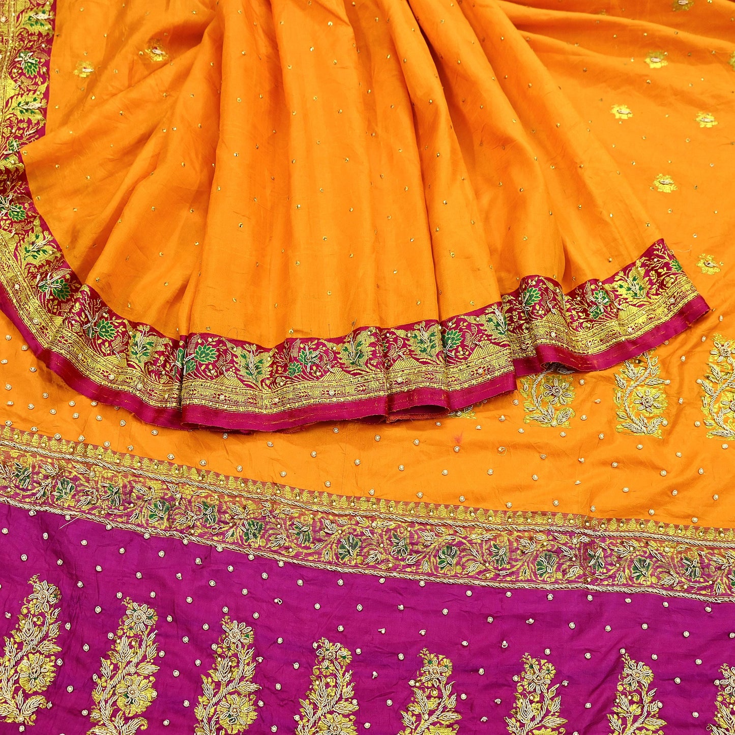 Indian Vintage Heavy Wedding Banarasi Sari 5 Yards Pure Satin Silk Hand-Embroidered Zari, Work Brocade Craft Fabric for Dressmaking