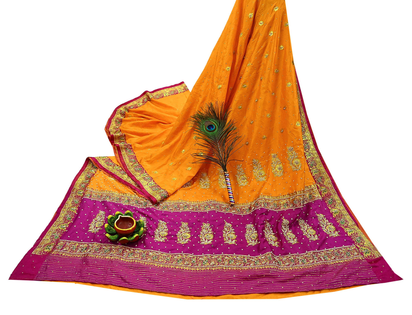 Indian Vintage Heavy Wedding Banarasi Sari 5 Yards Pure Satin Silk Hand-Embroidered Zari, Work Brocade Craft Fabric for Dressmaking