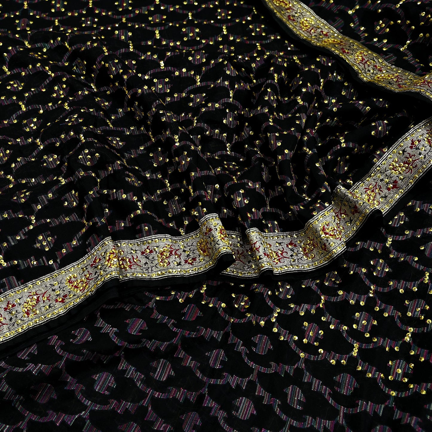 Indian Vintage Black Heavy Saree Pure Silk saree Hand Beaded Banarasi Brocade Sari Craft Fabric Zari 5Yd Floral Design Dress making Crafting