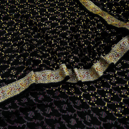 Indian Vintage Black Heavy Saree Pure Silk saree Hand Beaded Banarasi Brocade Sari Craft Fabric Zari 5Yd Floral Design Dress making Crafting