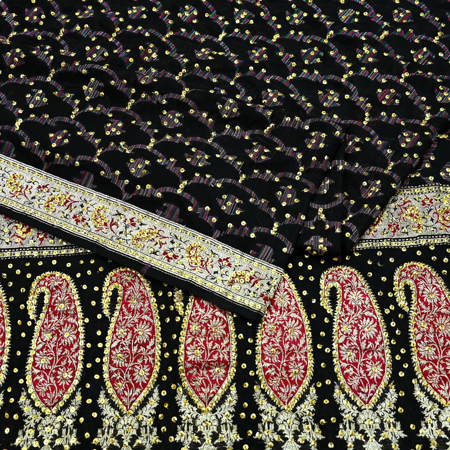 Indian Vintage Black Heavy Saree Pure Silk saree Hand Beaded Banarasi Brocade Sari Craft Fabric Zari 5Yd Floral Design Dress making Crafting