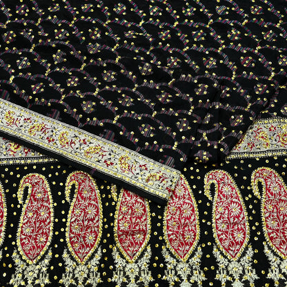 Indian Vintage Black Heavy Saree Pure Silk saree Hand Beaded Banarasi Brocade Sari Craft Fabric Zari 5Yd Floral Design Dress making Crafting