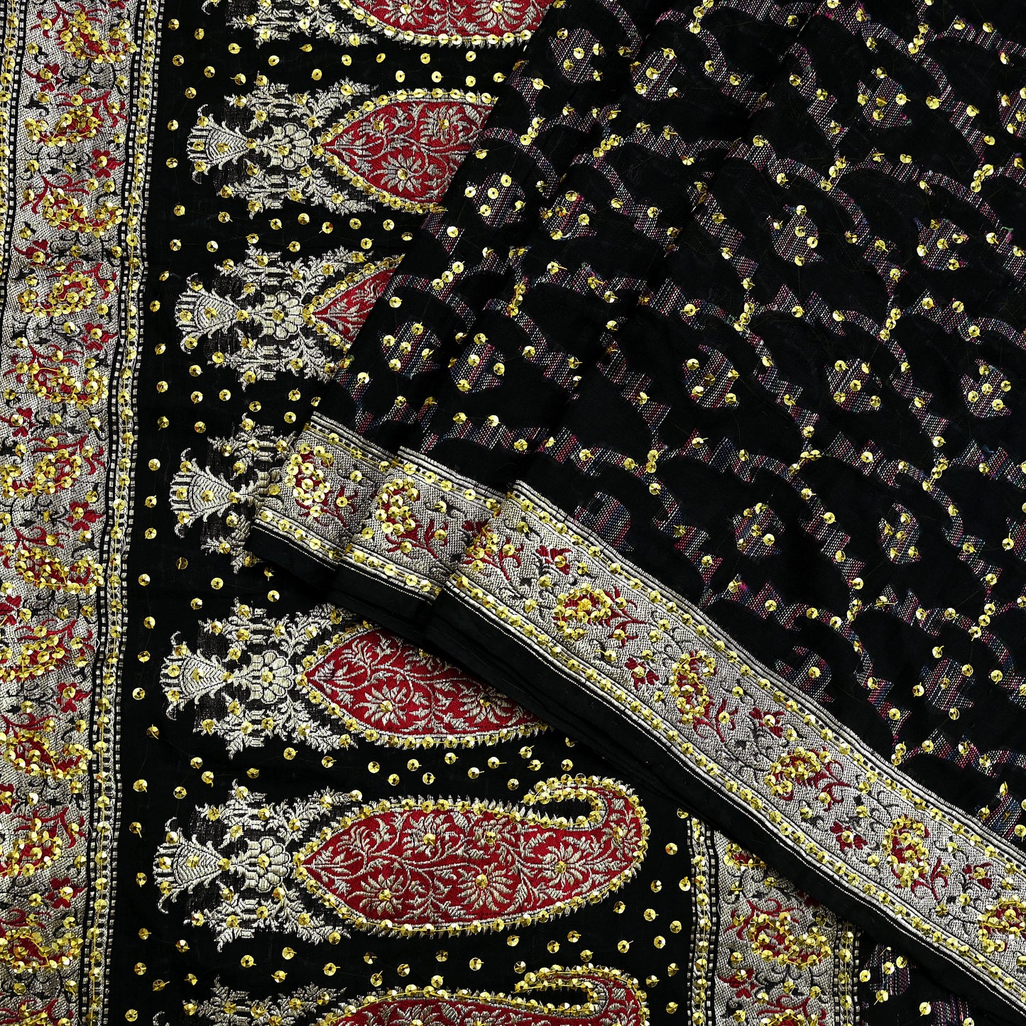 Indian Vintage Black Heavy Saree Pure Silk saree Hand Beaded Banarasi Brocade Sari Craft Fabric Zari 5Yd Floral Design Dress making Crafting