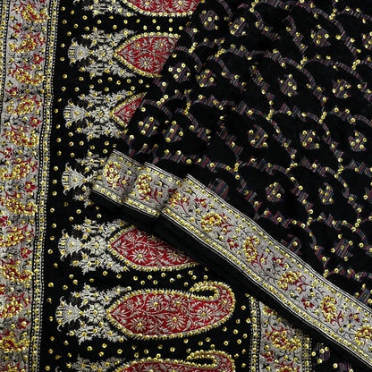 Indian Vintage Black Heavy Saree Pure Silk saree Hand Beaded Banarasi Brocade Sari Craft Fabric Zari 5Yd Floral Design Dress making Crafting