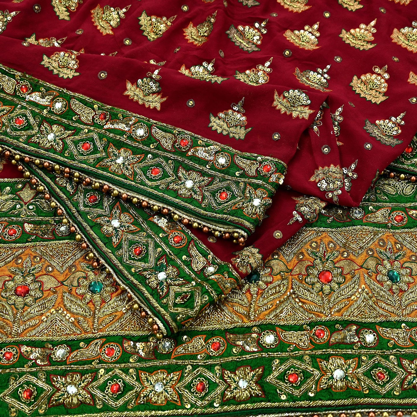 Indian Vintage Heavy Red Bridal Dupatta | Pure Georgette Silk | Hand Embroidered Zardozi, Dabka, Zari Work | Party Wear Long Stole