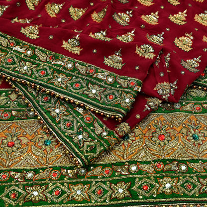 Indian Vintage Heavy Red Bridal Dupatta | Pure Georgette Silk | Hand Embroidered Zardozi, Dabka, Zari Work | Party Wear Long Stole