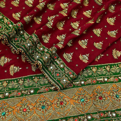 Indian Vintage Heavy Red Bridal Dupatta | Pure Georgette Silk | Hand Embroidered Zardozi, Dabka, Zari Work | Party Wear Long Stole