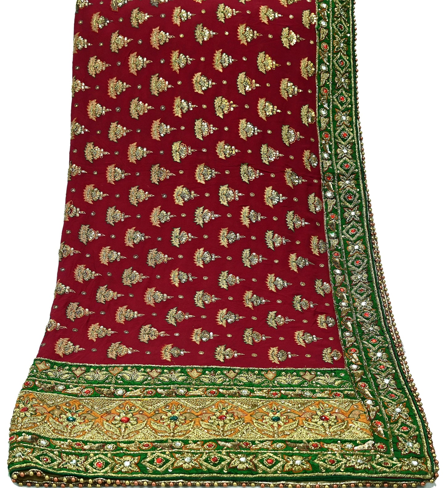 Indian Vintage Heavy Red Bridal Dupatta | Pure Georgette Silk | Hand Embroidered Zardozi, Dabka, Zari Work | Party Wear Long Stole