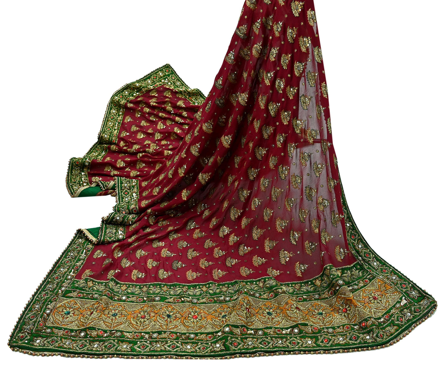 Indian Vintage Heavy Red Bridal Dupatta | Pure Georgette Silk | Hand Embroidered Zardozi, Dabka, Zari Work | Party Wear Long Stole