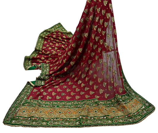 Indian Vintage Heavy Red Bridal Dupatta | Pure Georgette Silk | Hand Embroidered Zardozi, Dabka, Zari Work | Party Wear Long Stole