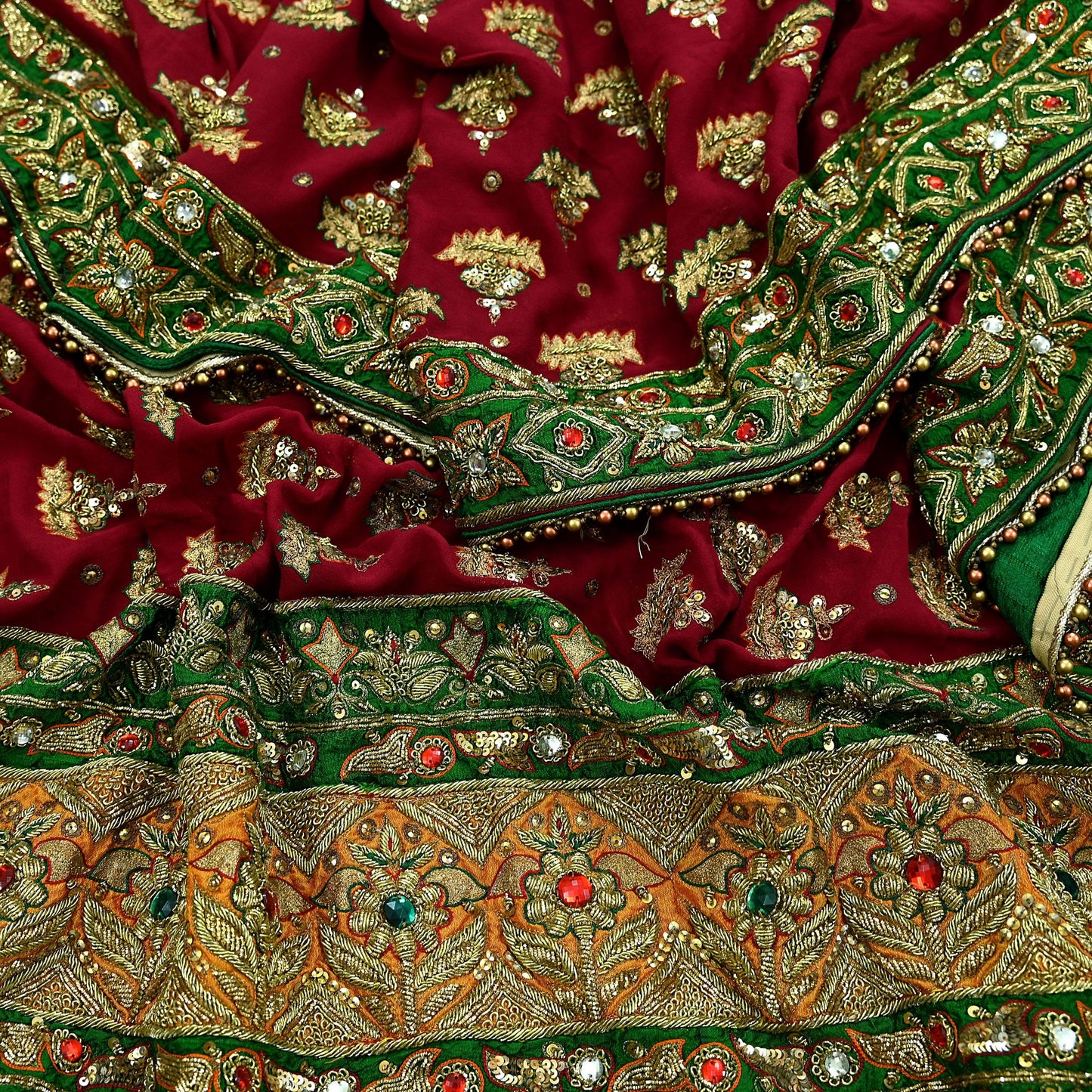 Indian Vintage Heavy Red Bridal Dupatta | Pure Georgette Silk | Hand Embroidered Zardozi, Dabka, Zari Work | Party Wear Long Stole