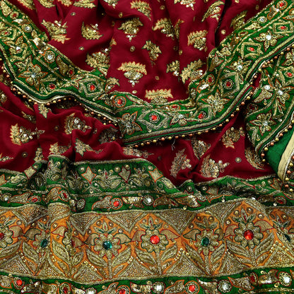 Indian Vintage Heavy Red Bridal Dupatta | Pure Georgette Silk | Hand Embroidered Zardozi, Dabka, Zari Work | Party Wear Long Stole