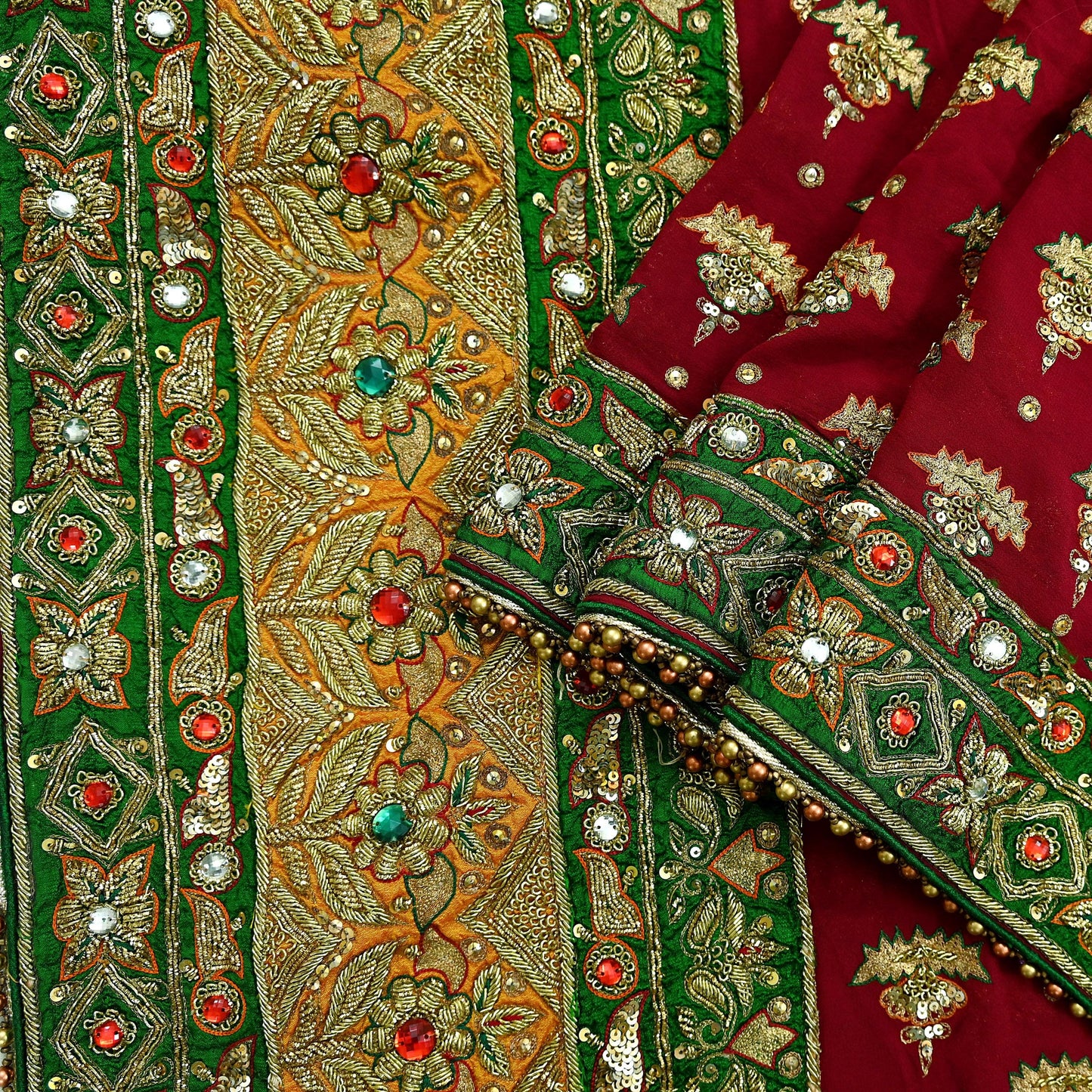 Indian Vintage Heavy Red Bridal Dupatta | Pure Georgette Silk | Hand Embroidered Zardozi, Dabka, Zari Work | Party Wear Long Stole