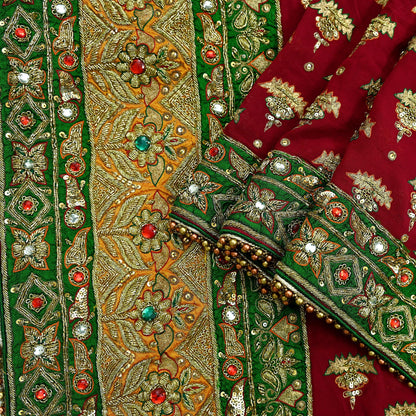 Indian Vintage Heavy Red Bridal Dupatta | Pure Georgette Silk | Hand Embroidered Zardozi, Dabka, Zari Work | Party Wear Long Stole