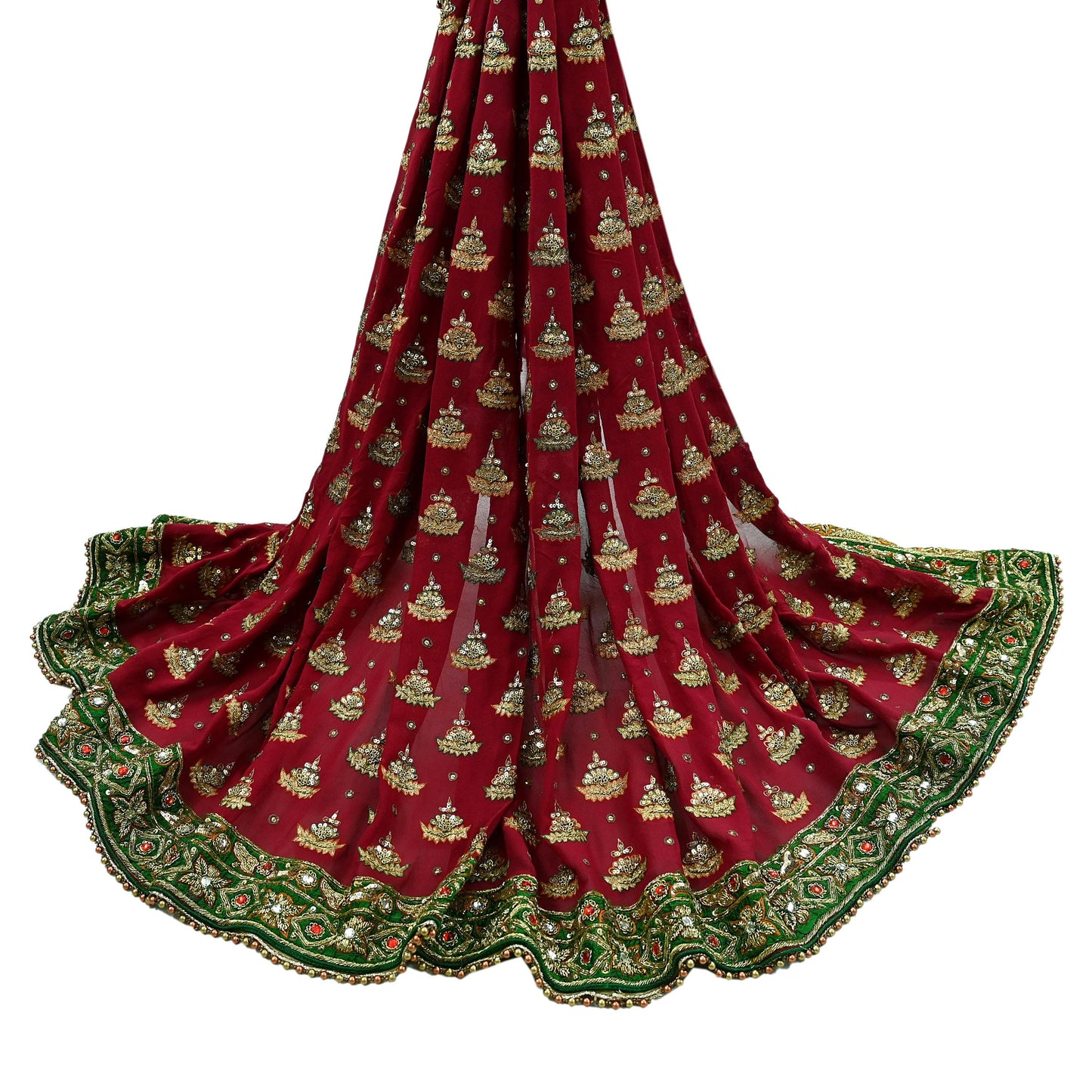 Indian Vintage Heavy Red Bridal Dupatta | Pure Georgette Silk | Hand Embroidered Zardozi, Dabka, Zari Work | Party Wear Long Stole