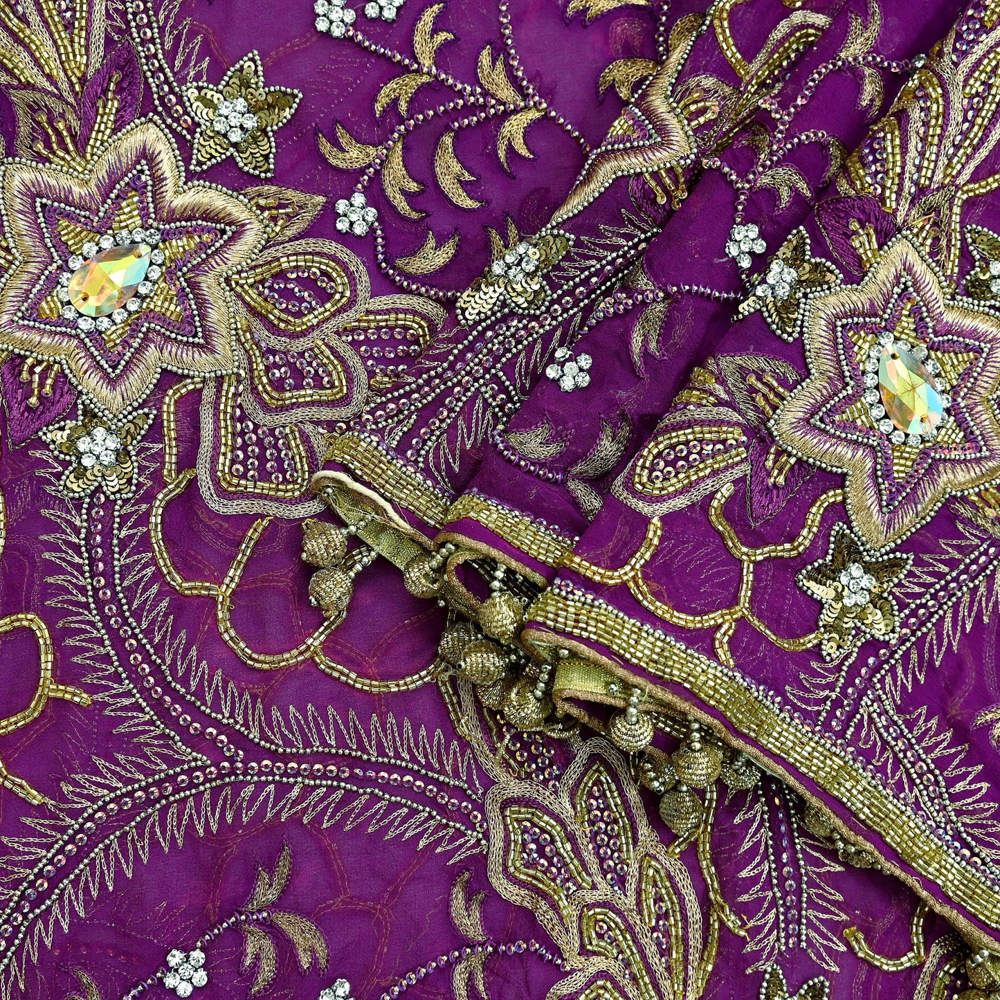 Indian Vintage Heavy Purple Dupatta Pure Georgette silk Long Stole Hand Embroidered Scarves Stole Veil Wrap Sequins