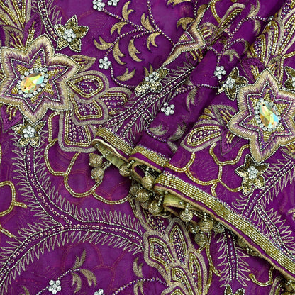Indian Vintage Heavy Purple Dupatta Pure Georgette silk Long Stole Hand Embroidered Scarves Stole Veil Wrap Sequins
